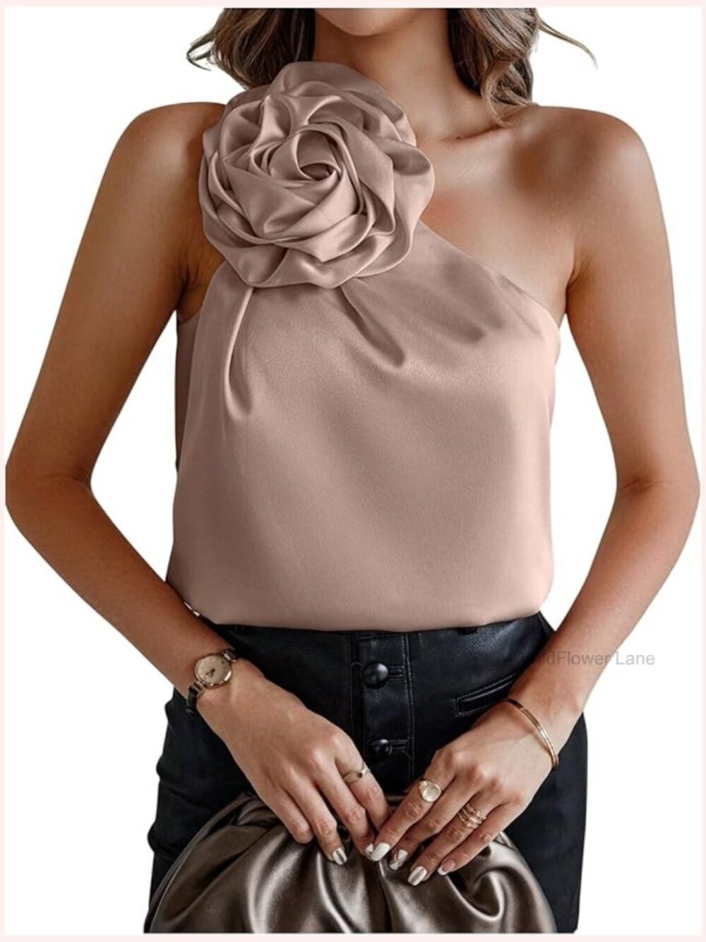 Dressy Sleeveless One Shoulder Top with 3D Floral Appliques